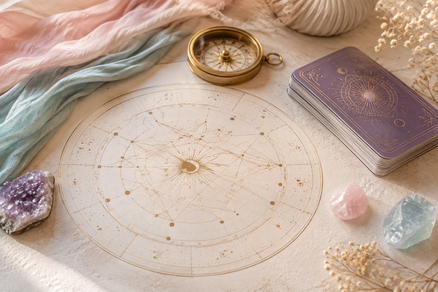 An elegant astrology workspace with a natal chart, tarot deck and celestial details